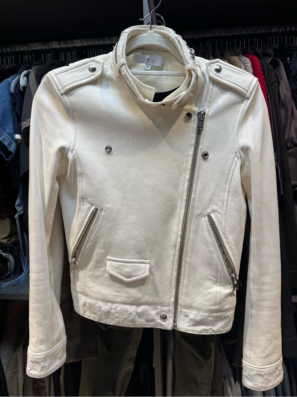 IRO Off-White Leather Moto Jacket with Asymmetrical Zip